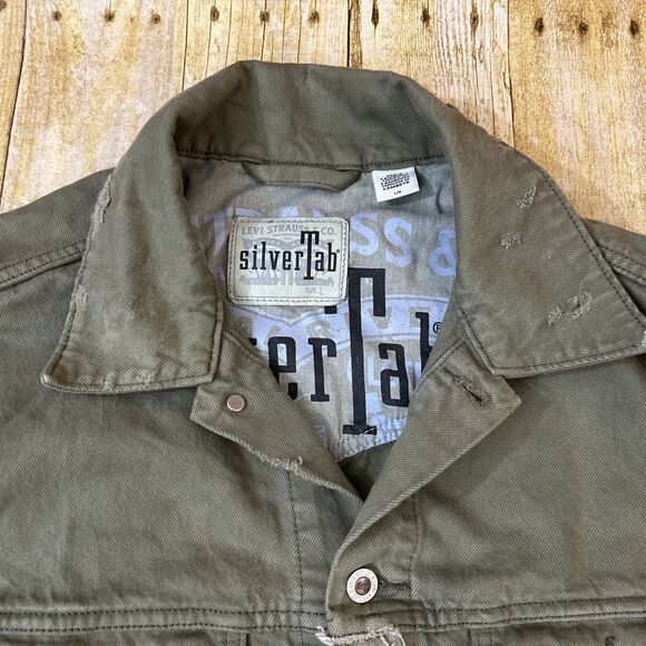 Levis Silvertab Denim Trucker Jacket Olive Drab Green Distressed Large - Picture 7 of 16